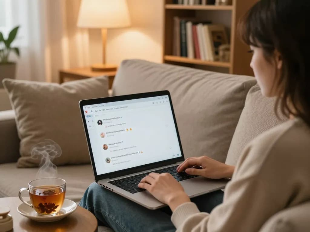 Cozy sex chat environment with a person chatting online and warm decor.