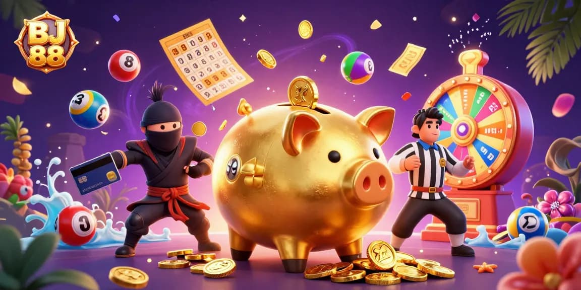 BJ 88 captivates players with a dynamic scene of playful gambling action, showcasing exciting casino elements.