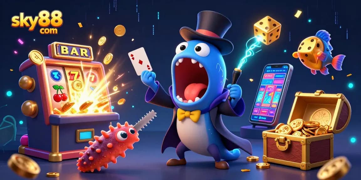 Engage in thrilling gameplay with sky88 com's vibrant promotional illustration showcasing exciting casino scenes.