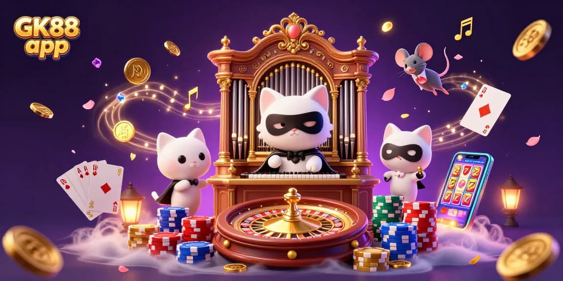 Engage with the GK88 app at a vibrant casino with dynamic characters and sparkling gaming elements.