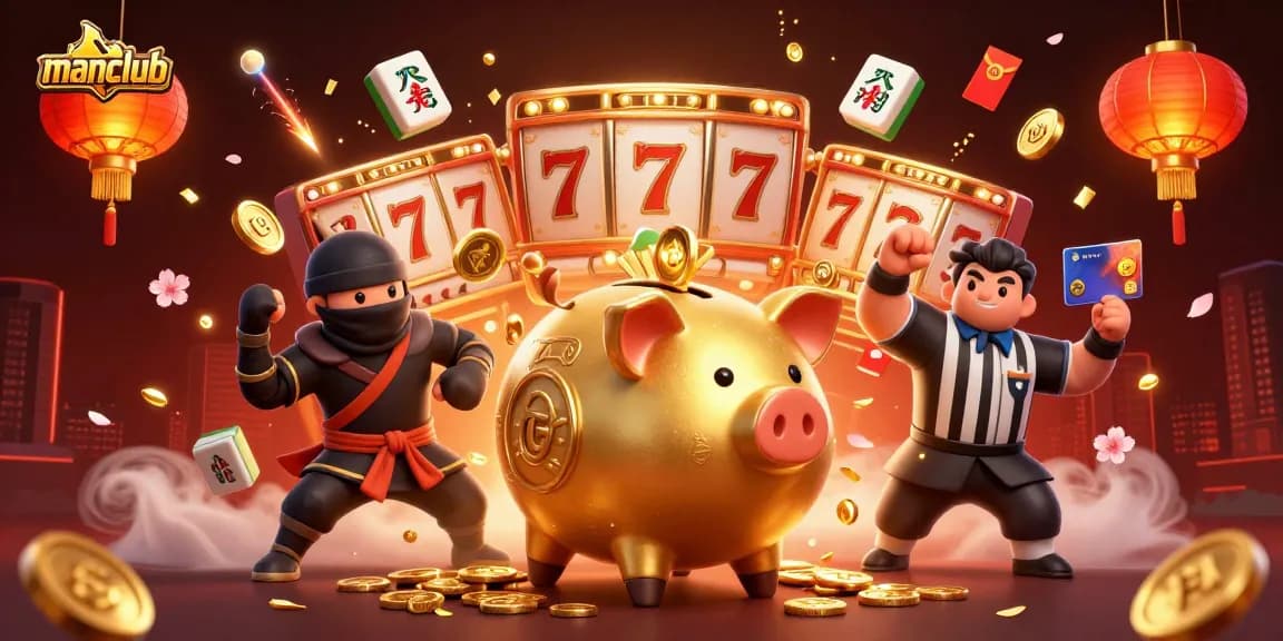 Engage with manclub's vibrant online casino scene featuring a golden piggy bank wrestler and dynamic slot elements.