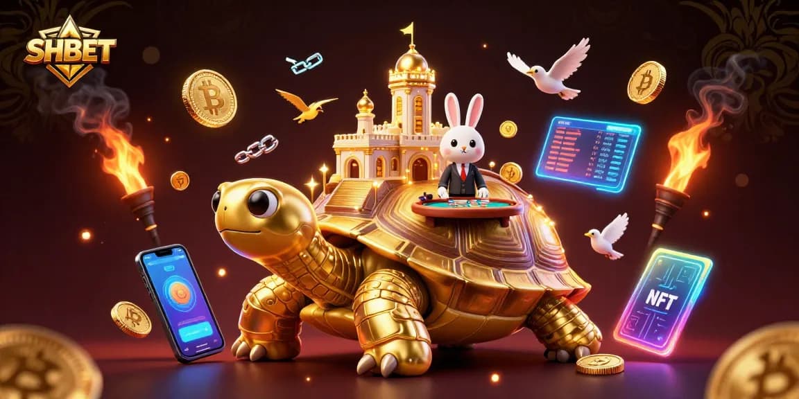 Win big with SHBET's vibrant casino scene featuring golden tortoise and rabbit dealer.