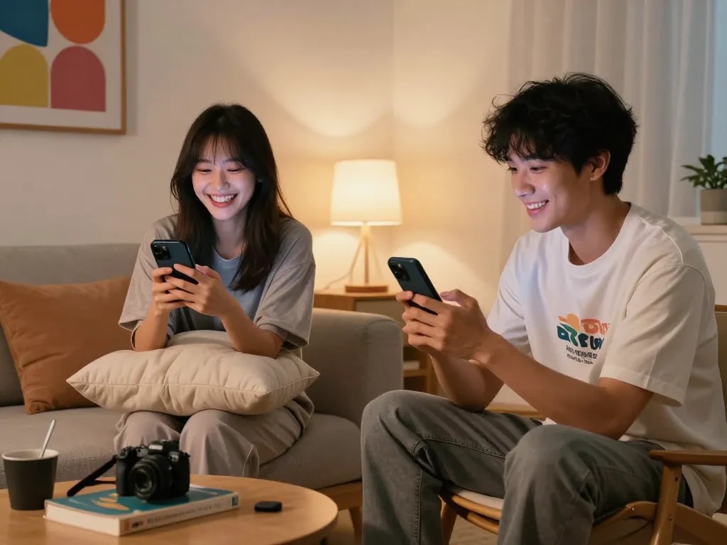 Sexting AI interactions between two young adults in a cozy home, capturing playful communication.