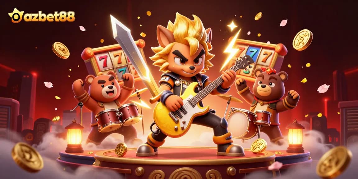 Engage with azbet88's vibrant casino scene featuring rock star characters and exciting game elements.