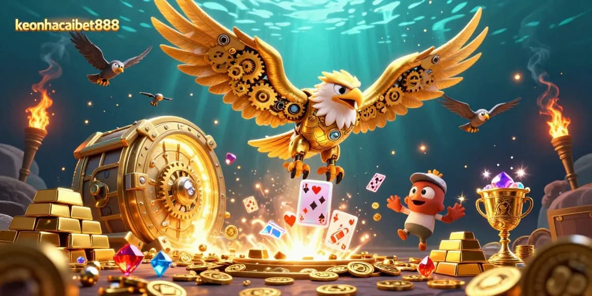 Catch the excitement of keonhacaibet888 as golden treasures and cards cascade in a vibrant casino scene.