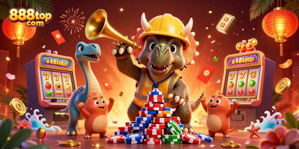Engage with 888top com through a vibrant, animated casino scene featuring a triceratops and celebrating characters.