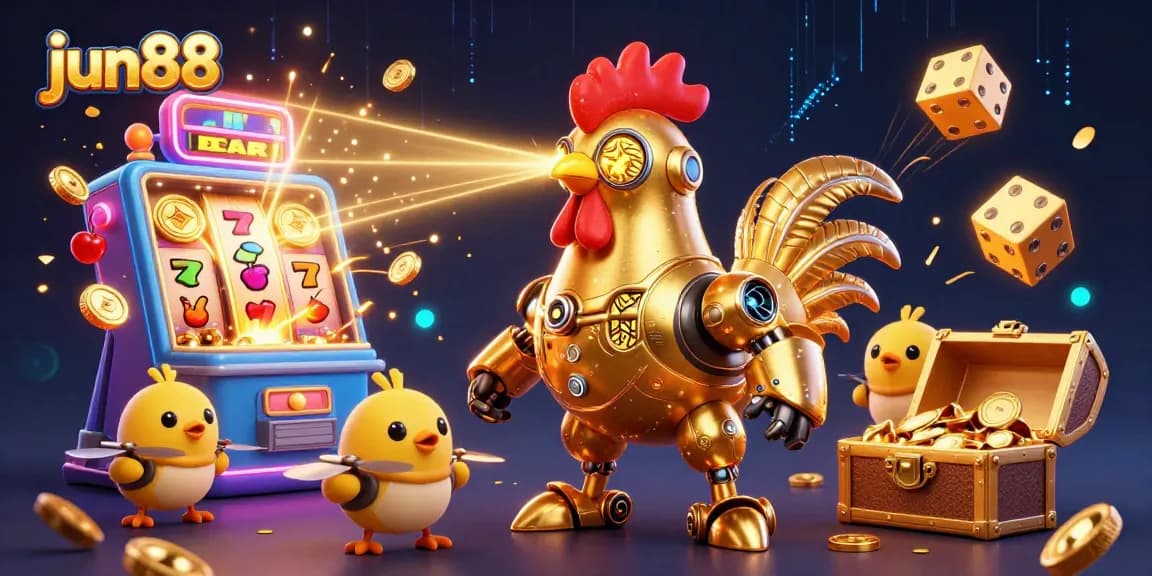 Engage with jun88's thrilling casino experience showcasing a cartoon golden rooster robot amidst a jackpot frenzy of coins and symbols.
