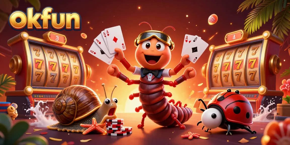 Engage with the thrilling world of okfun, featuring a vibrant 3D casino scene with animated characters and slot game elements.