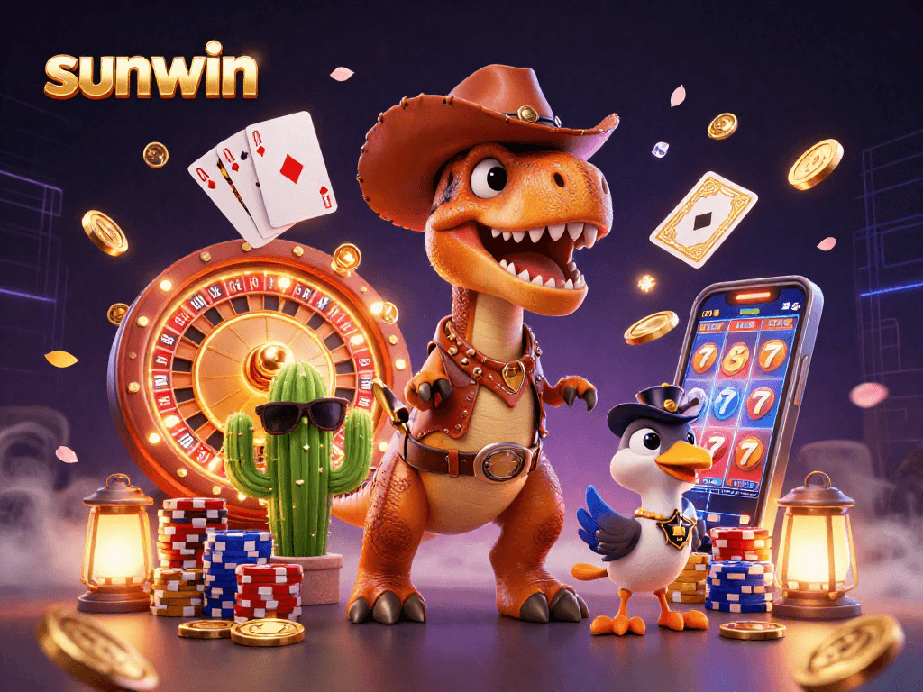 Experience thrilling gameplay with sunwin featuring a 3D cowboy dinosaur, coins, and casino elements.
