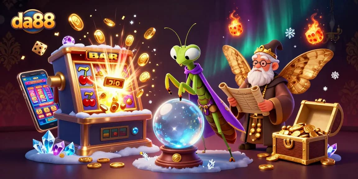 Experience thrilling da88 gameplay with vibrant slot machines and mystical characters in an enchanting casino scene.