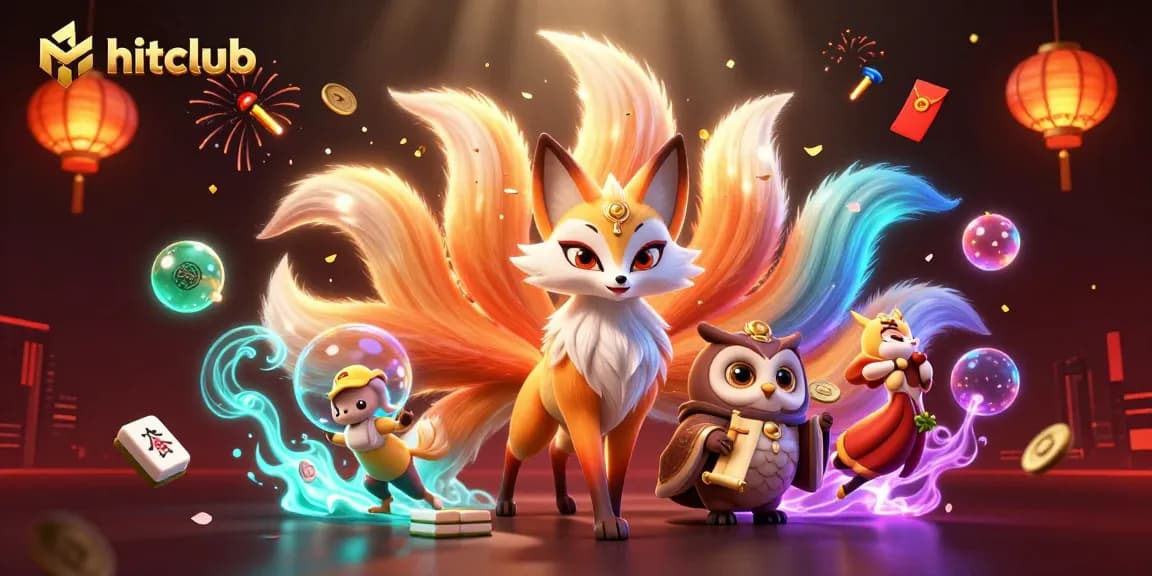 Experience the magic of hitclub with vibrant gaming characters and festive elements in this dynamic online casino illustration.
