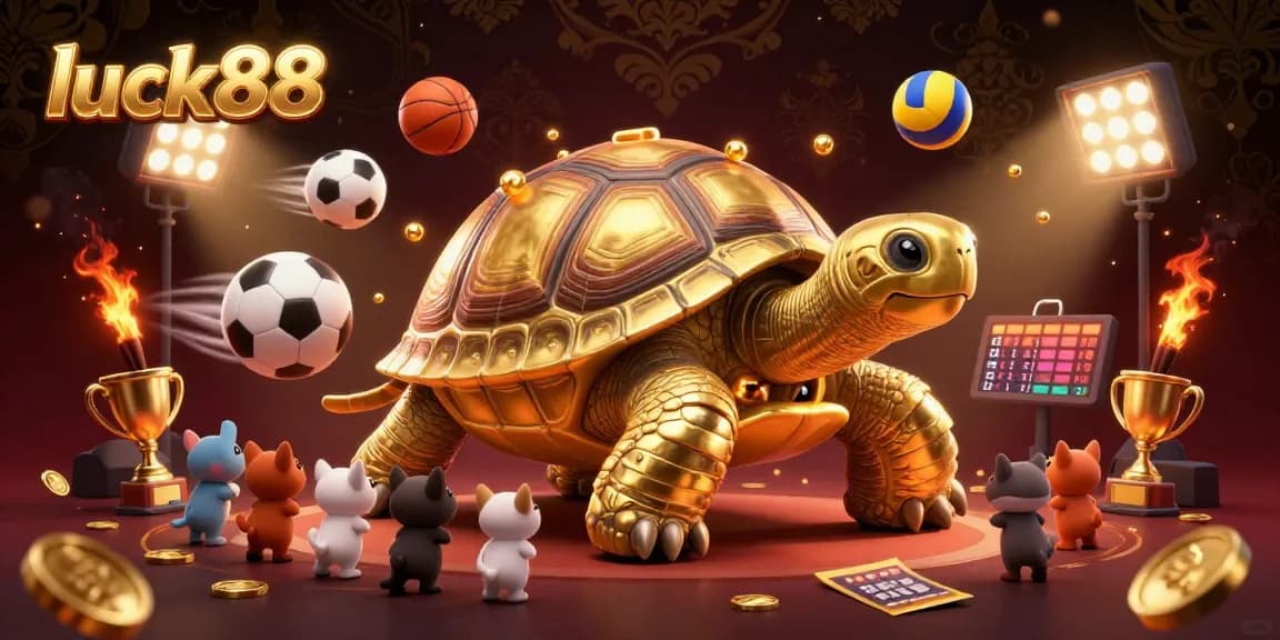 Experience luck88's thrilling gaming atmosphere with a golden tortoise pinball machine amidst excited players.