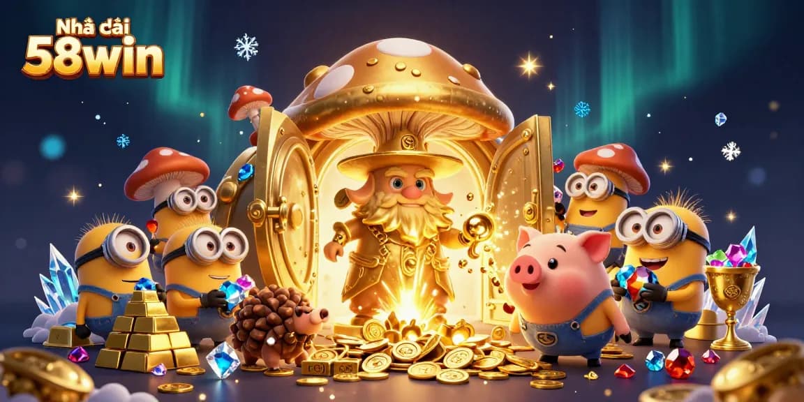Engage with Nhà cái 58win's magical world as the golden wizard conjures treasures while a truffle pig seeks gems.