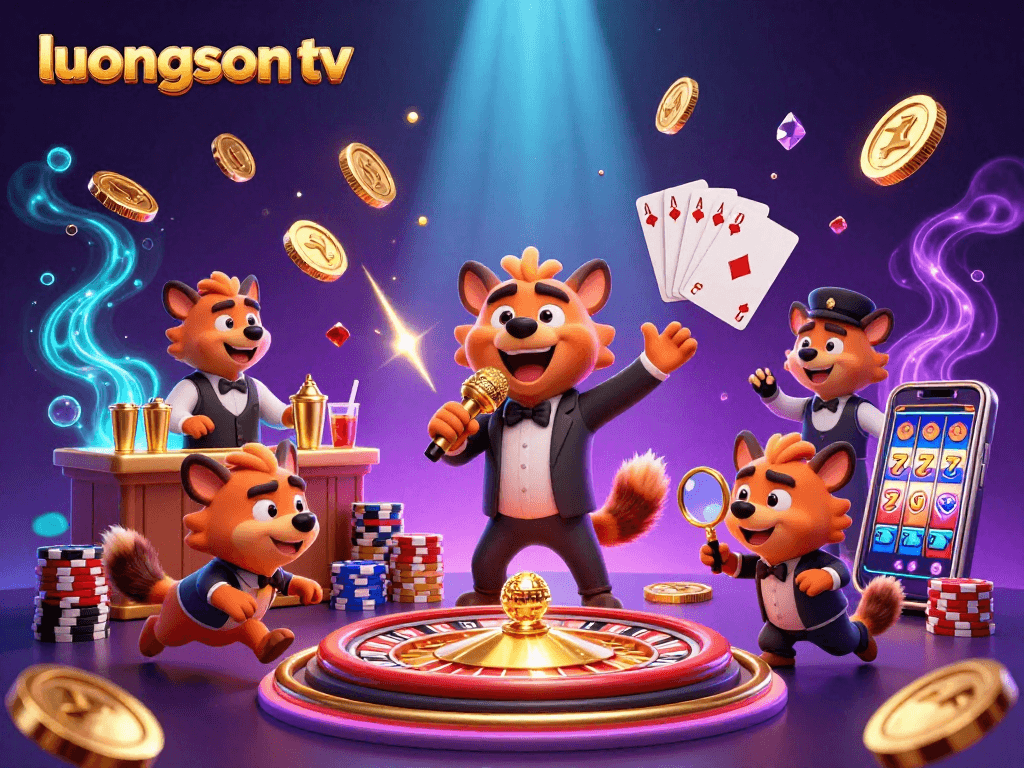 Experience thrilling wins at luongson tv with animated hyena characters in a lively casino scene.