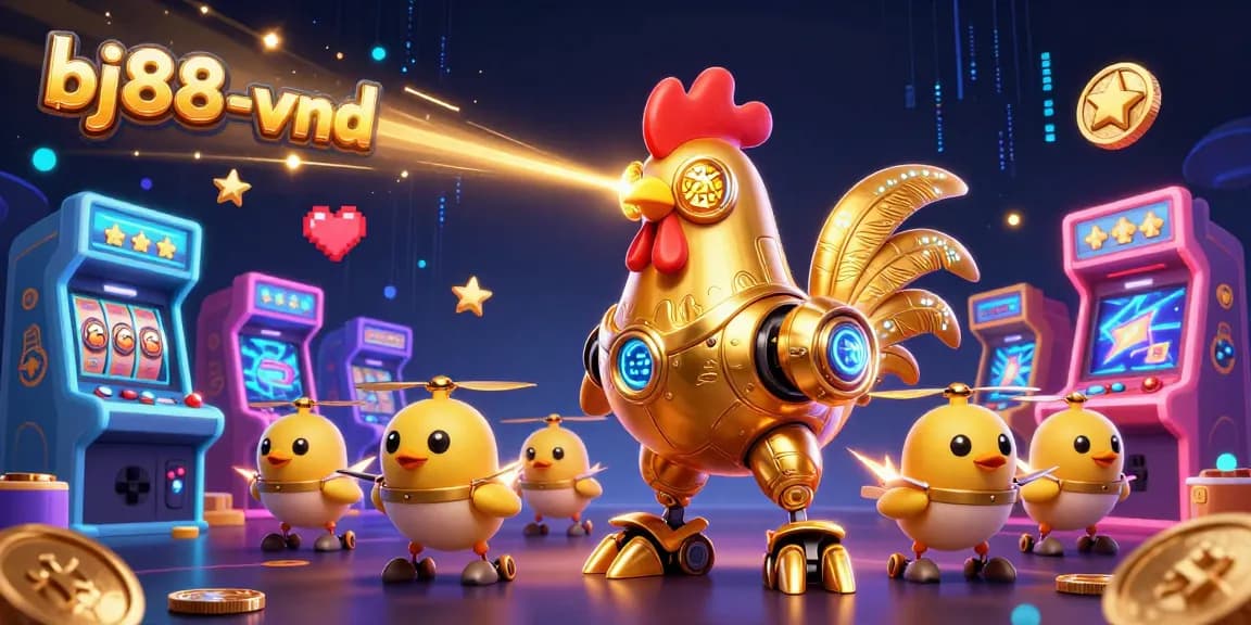 Engage in thrilling gaming at bj88-vnd with arcade machines and a 3D golden rooster robot