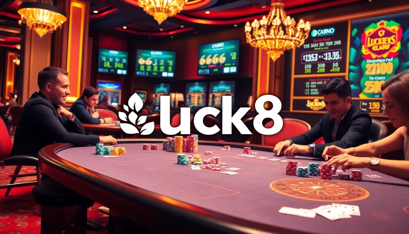 Luck8 casino scene featuring players at a poker table, lively atmosphere with roulette wheel and vibrant colors.