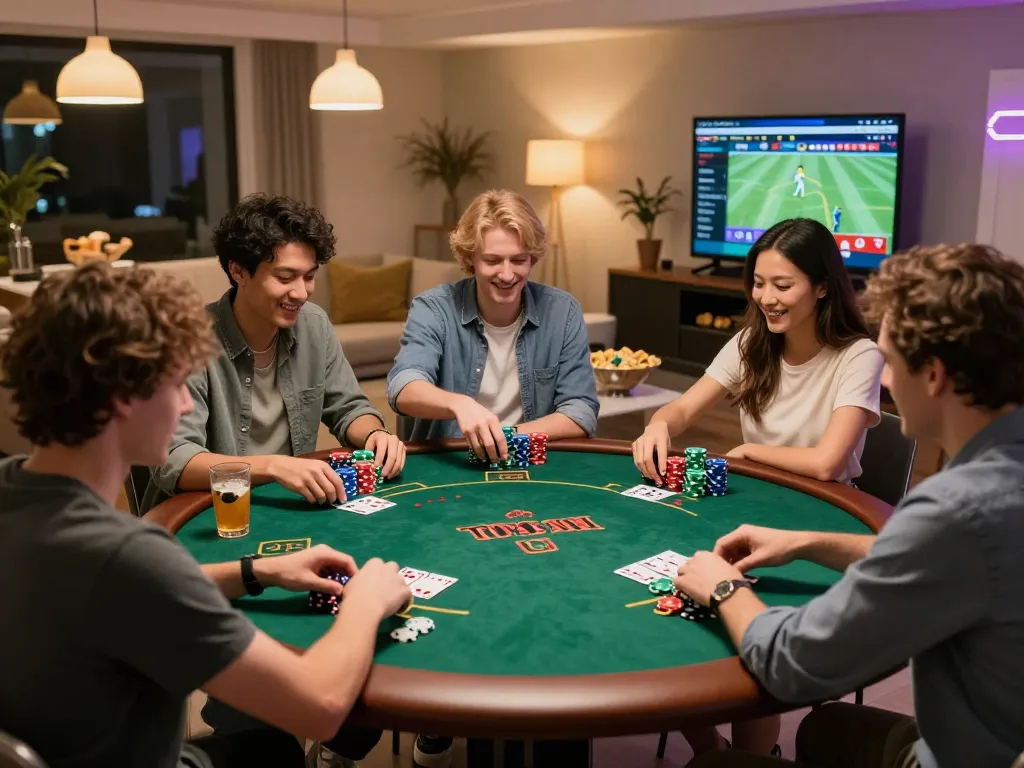 Gather friends for a thrilling poker game at home, showcasing Five 88's strategic betting opportunities.