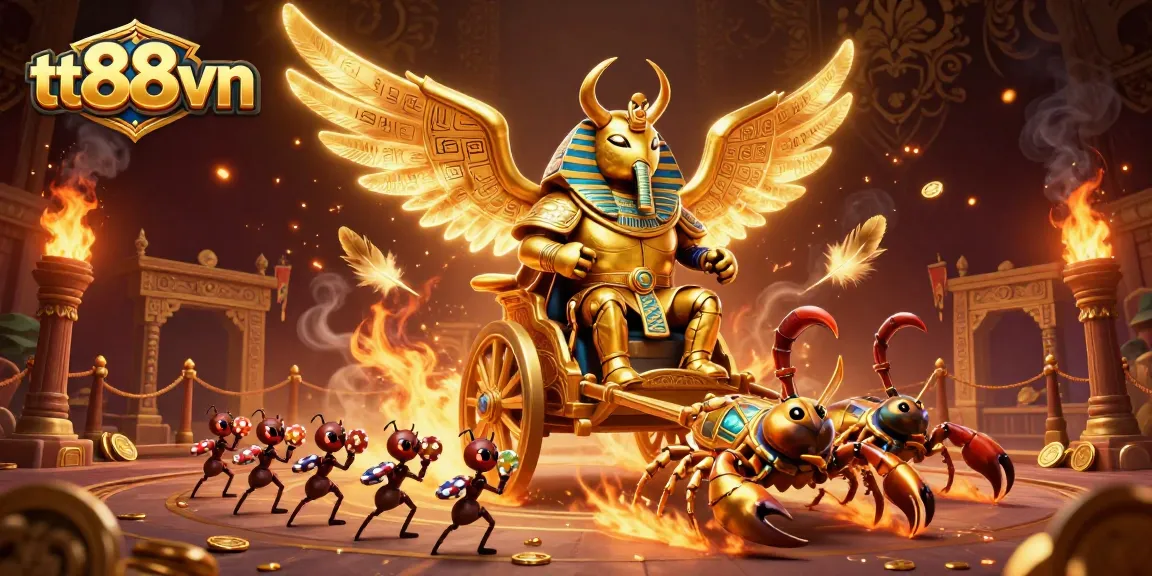 Engage with tt88vn casino adventures featuring a golden scarab beetle, chariot, and scorpion-themed action.