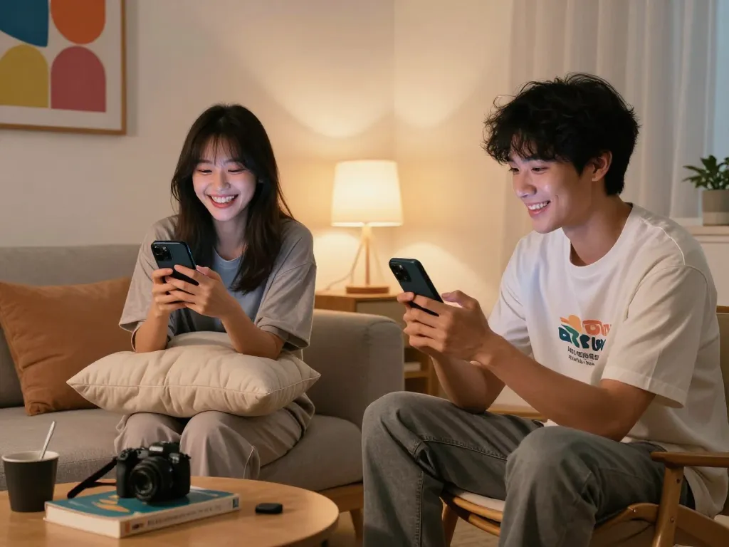 Sexting AI interactions between two young adults in a cozy home, capturing playful communication.