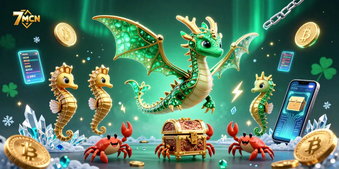 Experience 7MCN’s emerald sea dragon guarding treasures amidst crypto elements in a rich, dynamic casino scene.