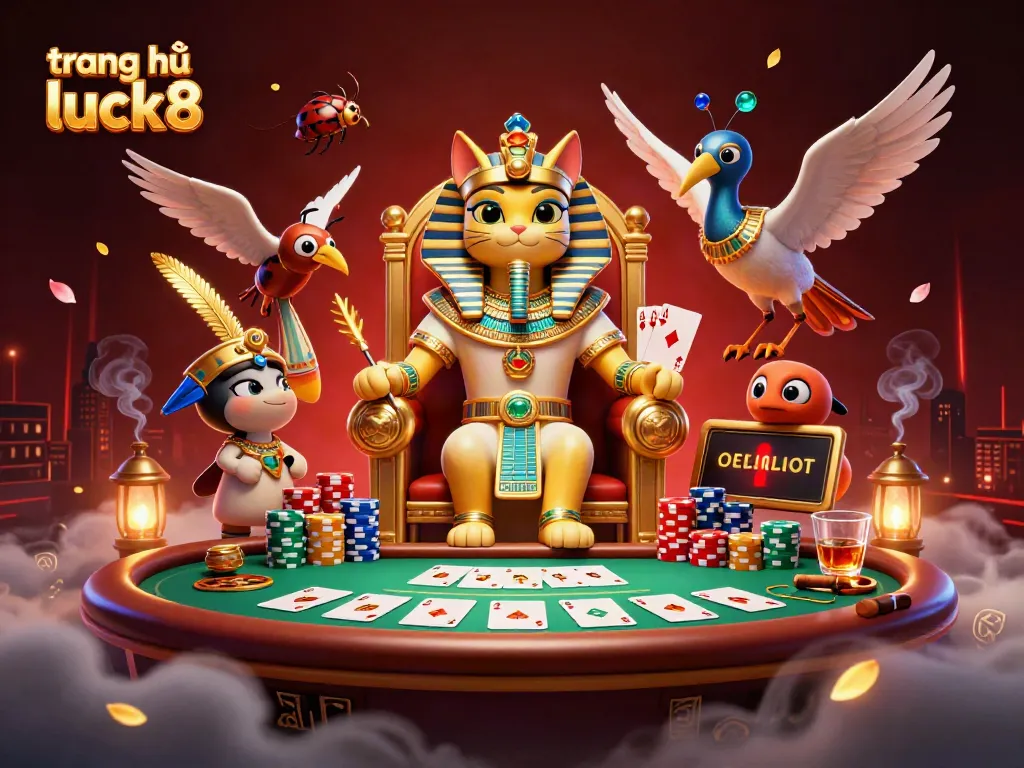 Experience vibrant gaming at trang chủ luck8 with an Egyptian pharaoh cat and lively poker elements.