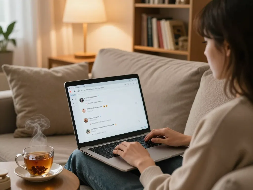 Cozy sex chat environment with a person chatting online and warm decor.