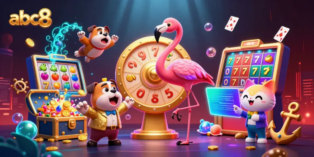 Spin the giant prize wheel with abc8 in this dynamic casino illustration featuring vibrant characters.