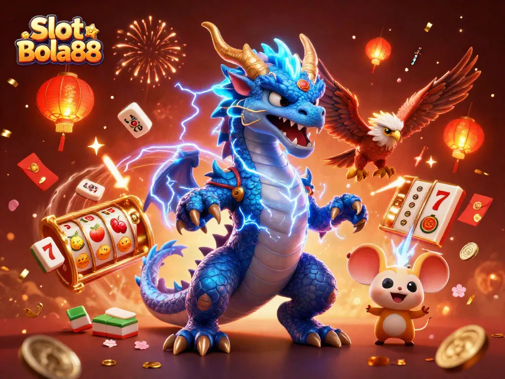 Engage in thrilling fun with Slot Bola88, where a thunder dragon, wind hawk, and thunder mouse celebrate dynamic jackpots.