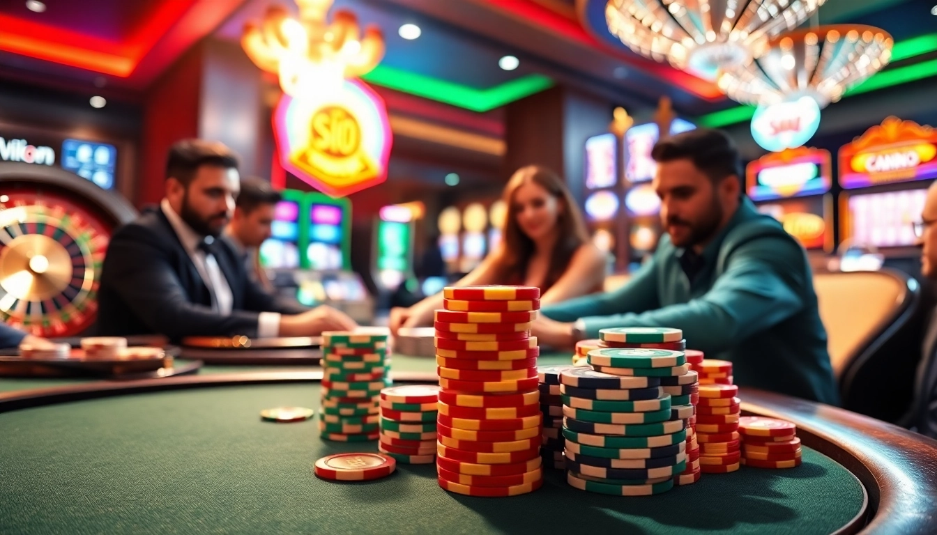 MM88 poker chips and roulette wheel at a vibrant casino table.