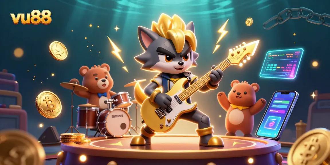 Experience the vibrant energy of vu88 as a rock star wolf shreds on the guitar at a lively casino scene.