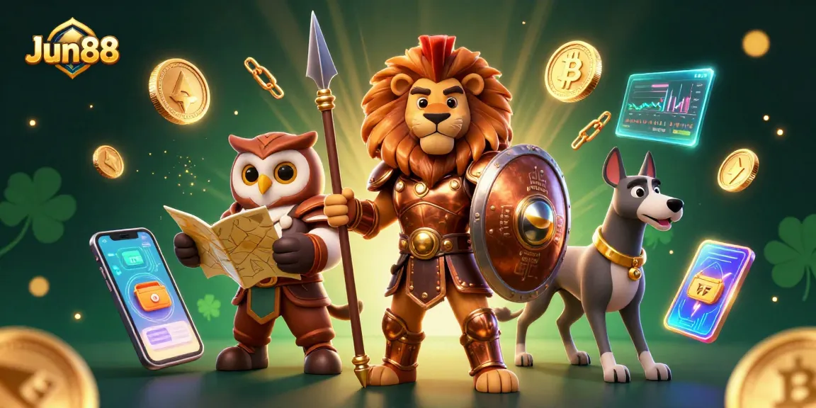 Experience thrilling gameplay at Jun88 with a dynamic casino-themed 3D illustration featuring engaging characters and elements.