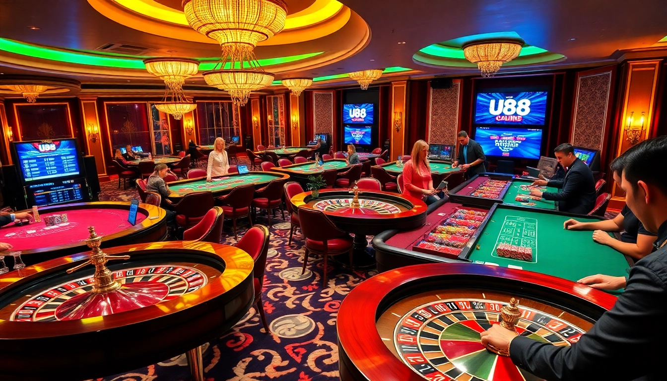 Engage with thrilling casino games at UK88.training, showcasing vibrant tables and excited players.