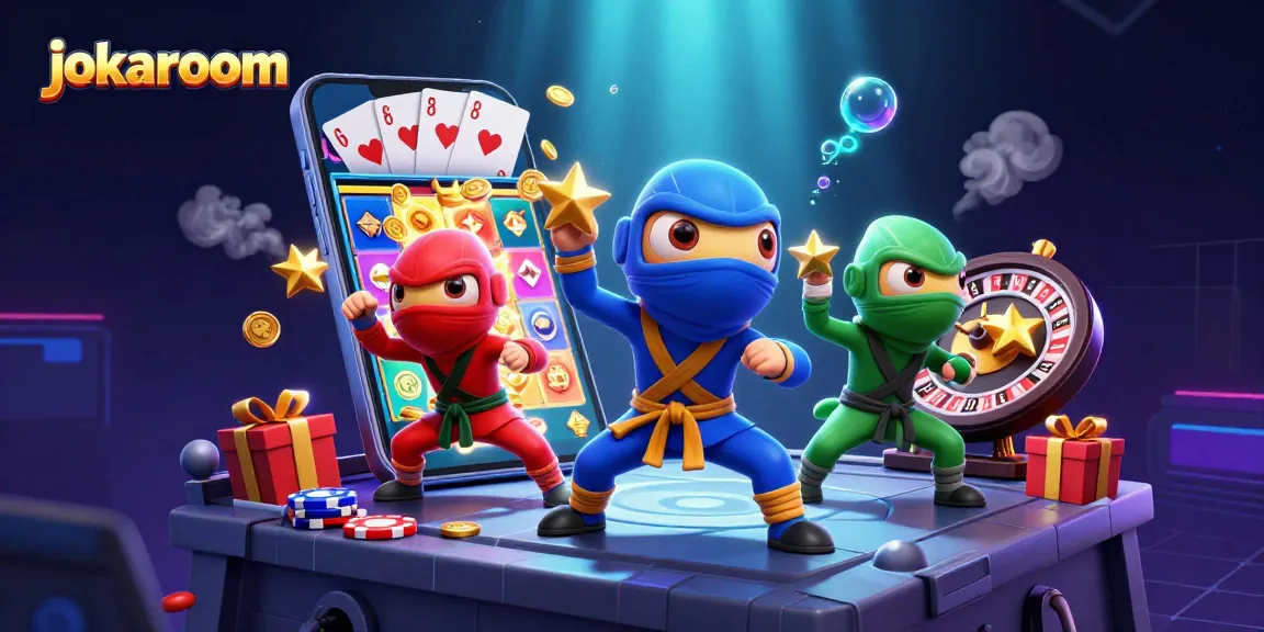 Engage with jokaroom's vibrant 3D scene featuring ninja chameleons alongside dynamic casino game elements.