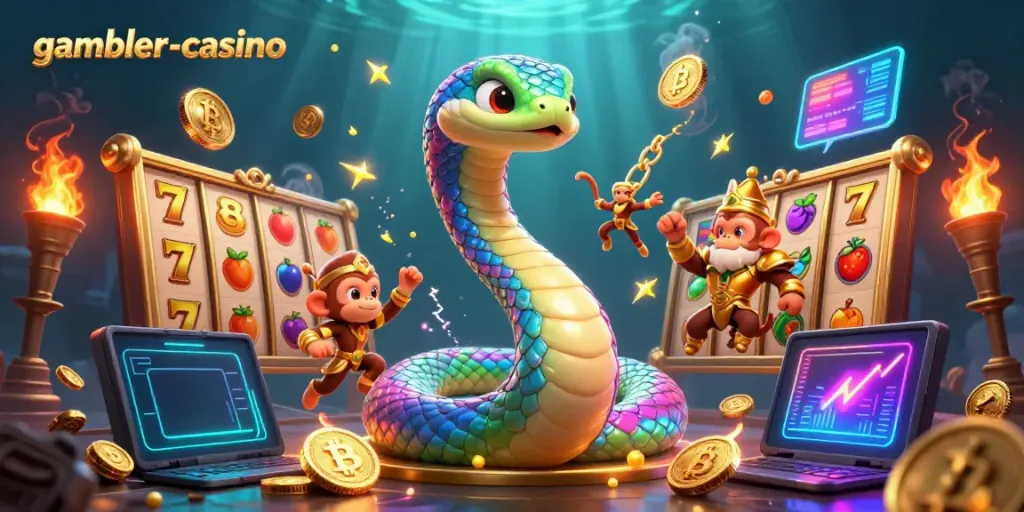 Spela på gambler-casino med en regnbågsorm och en lekfull kung i guld runt spelautomater.