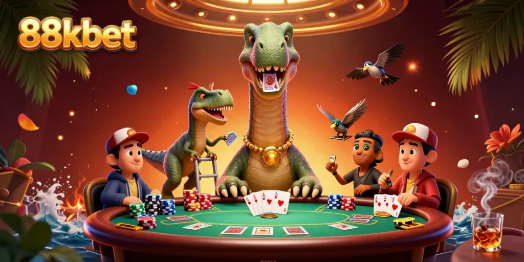 Experience the excitement of 88kbet with a whimsical casino scene featuring a dinosaur and raptor dealing cards.