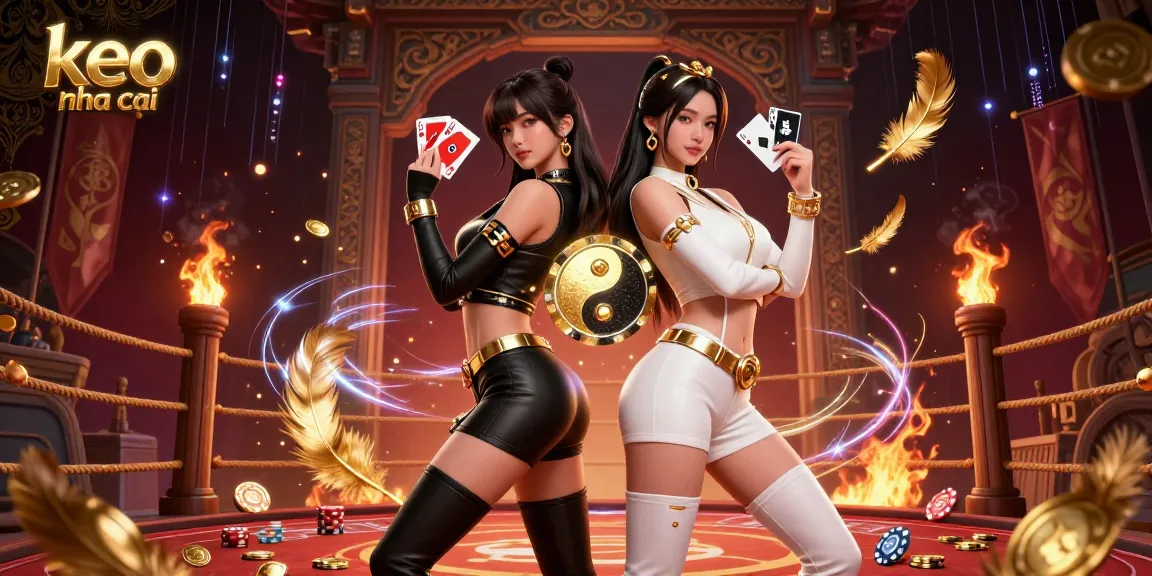 Engaging scene featuring twin Asian women handling playing cards for keo nha cai in a vibrant casino-themed atmosphere.