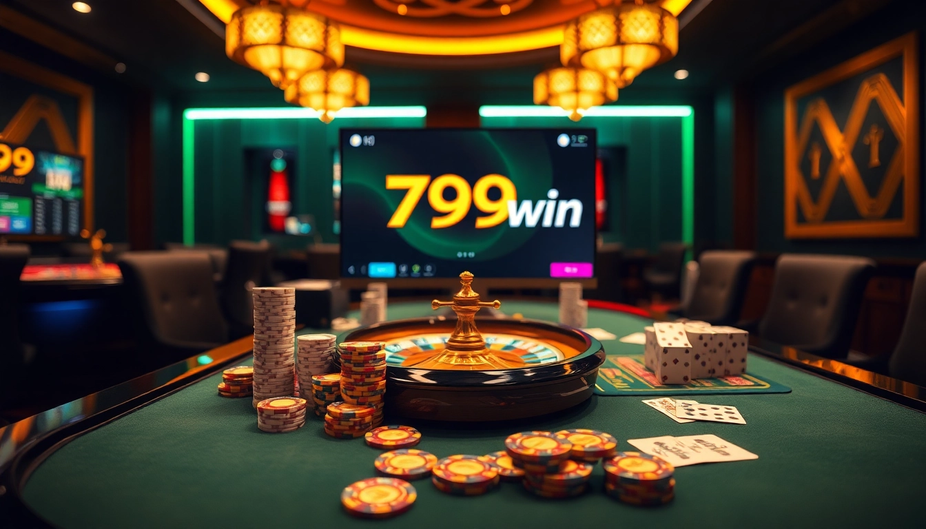 A dynamic online casino scene featuring the brand 789win with poker chips and a roulette wheel.