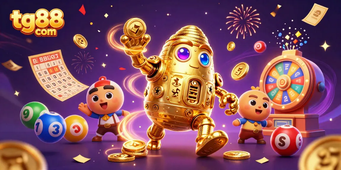 Win big at tg88 com with a dynamic 3D casino illustration showcasing golden totems and vibrant game symbols.