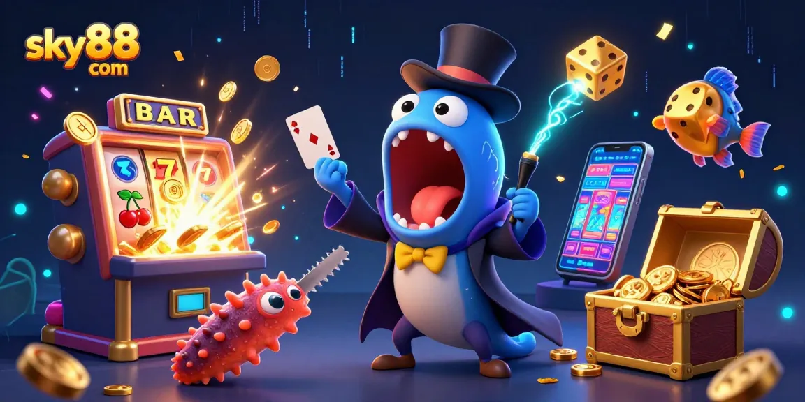 Engage in thrilling gameplay with sky88 com's vibrant promotional illustration showcasing exciting casino scenes.