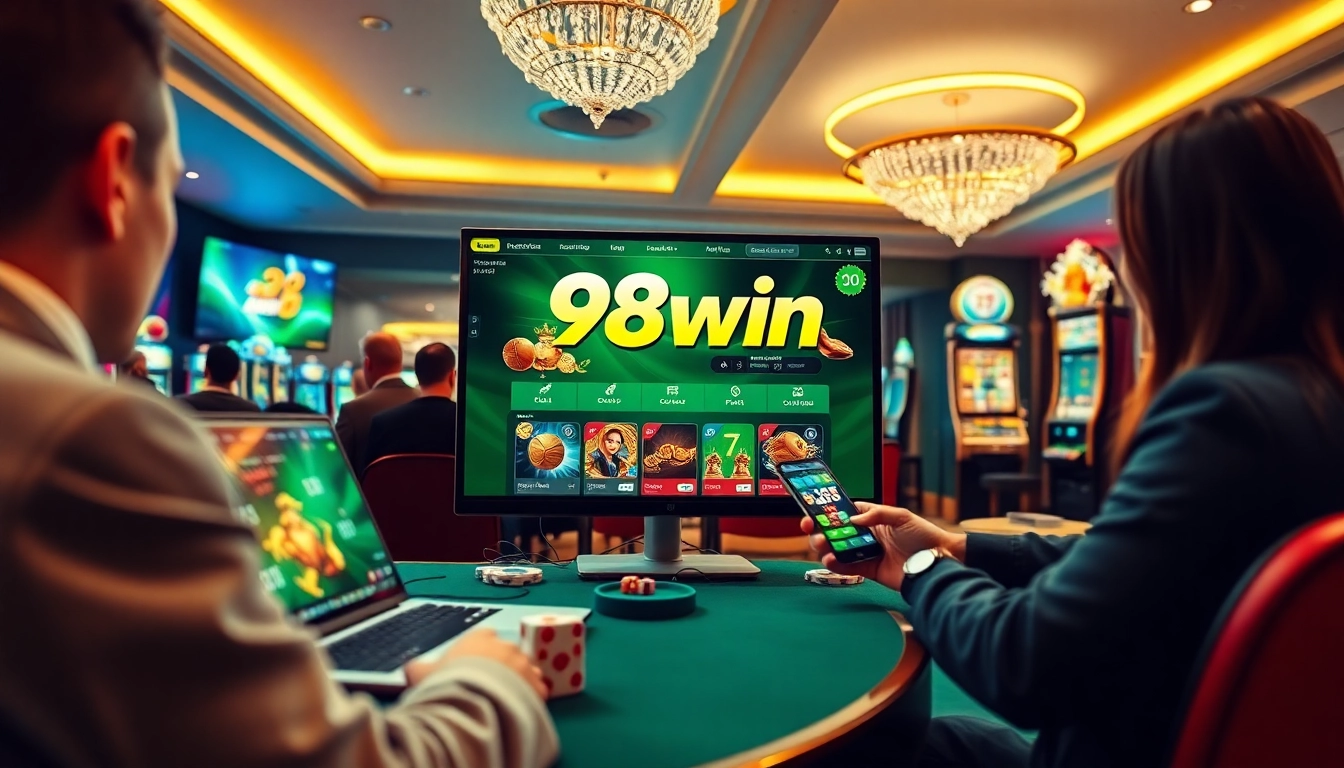 Experience the thrill of 98win with a modern online gaming interface in an engaging casino scene.