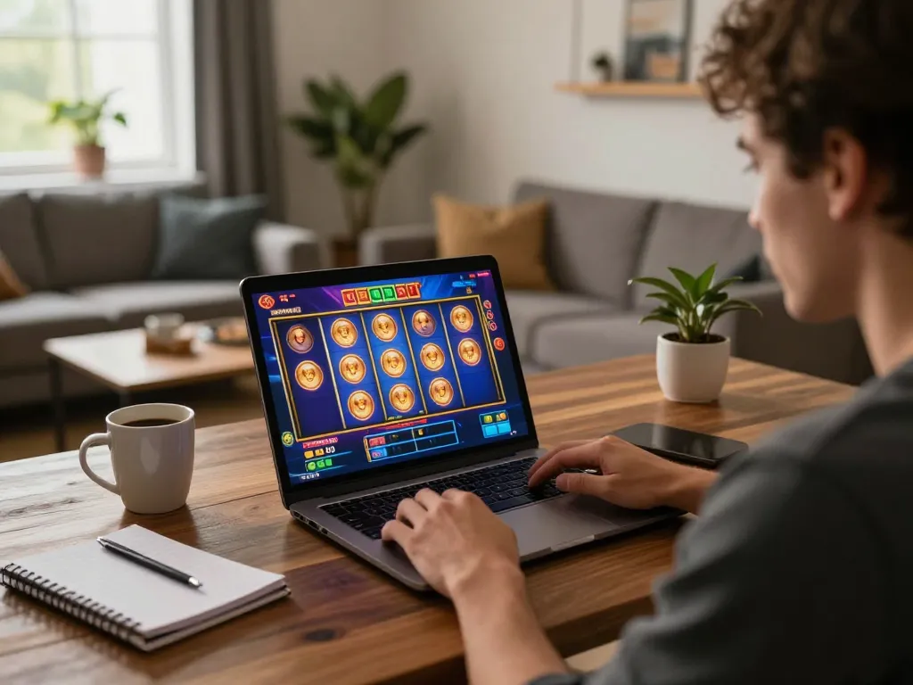Player engaging with debet's online slot game interface on a laptop, showcasing a vibrant gaming experience.