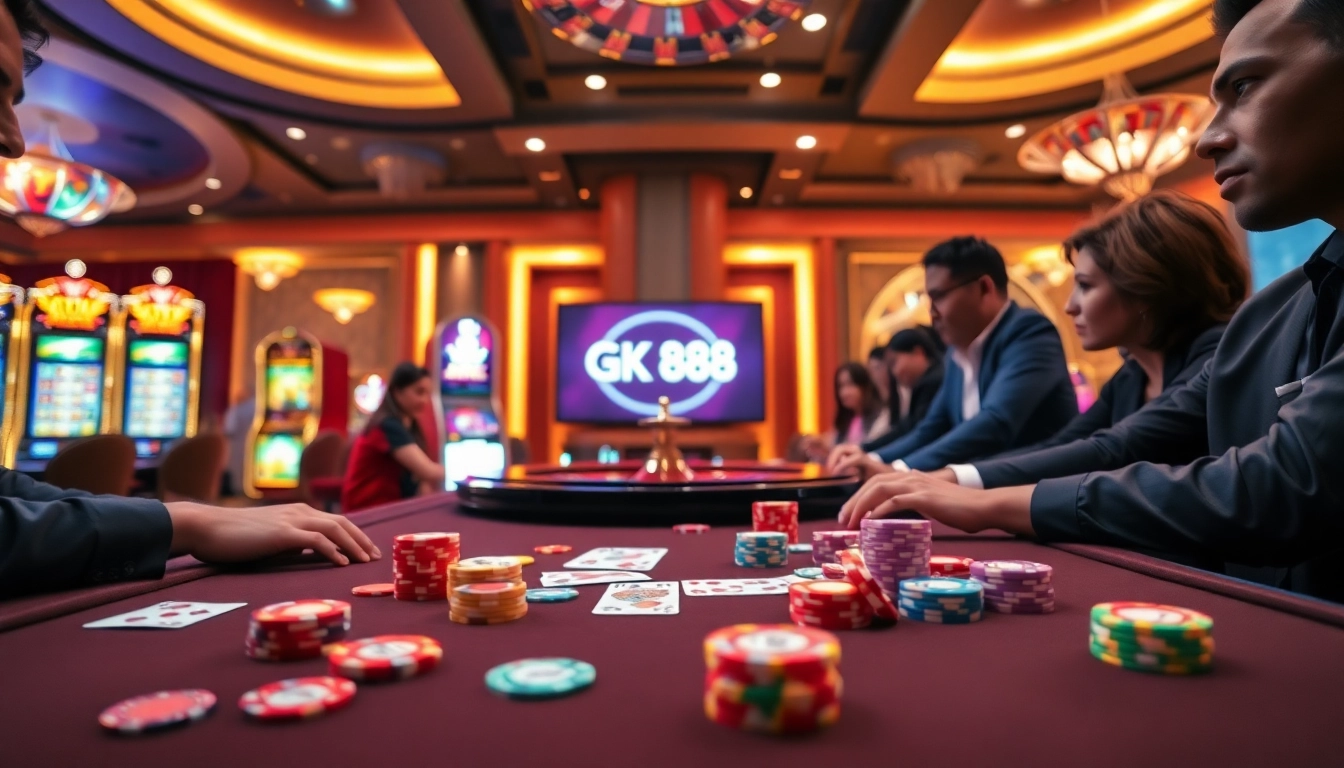 Experience GK 88 gaming excitement at a vibrant casino table full of colorful chips and cards.