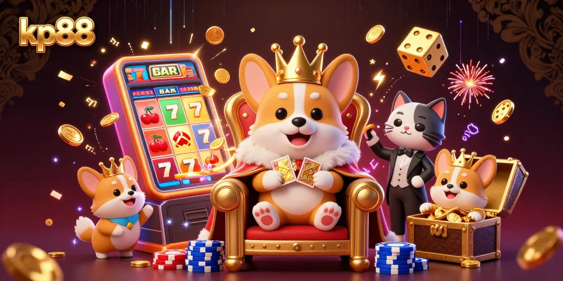 Experience thrilling gameplay at kp88 with a royal corgi surrounded by jackpot elements and dazzling casino effects.