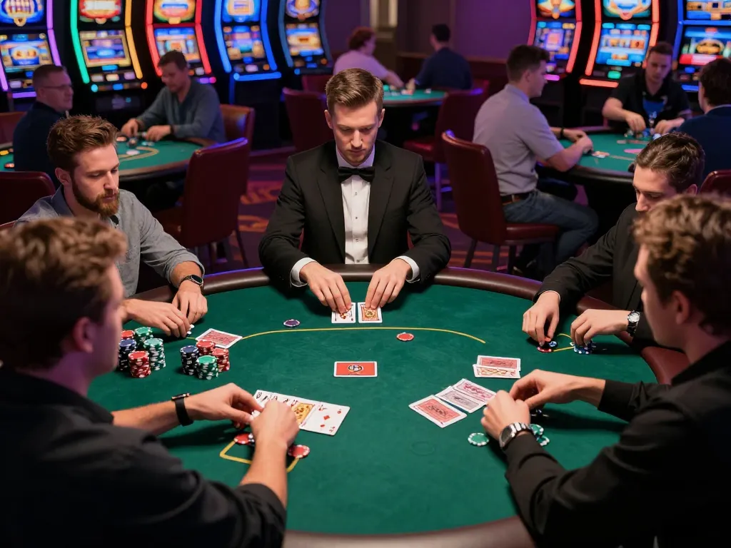Yo88i poker players strategizing at a casino table, vibrant atmosphere surrounding them.