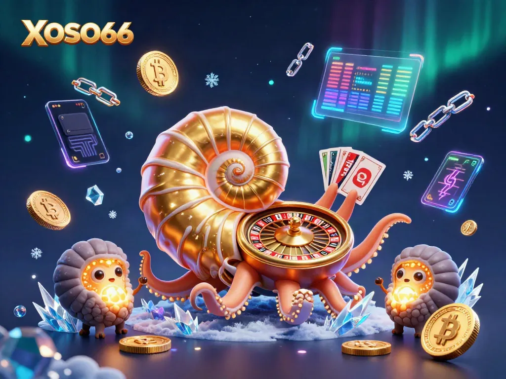Engage in thrilling gameplay with XOSO66, featuring a dynamic scene of an ancient nautilus roulette and glowing crypto elements.