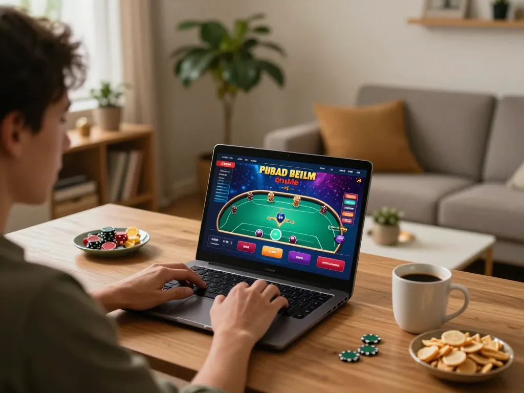Socolive user enjoying poker game on laptop in a cozy home setting with snacks and warm lighting.