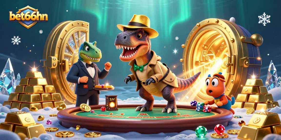 Bet66hn cartoon velociraptor card counter at a blackjack table amidst gold treasures and gems.