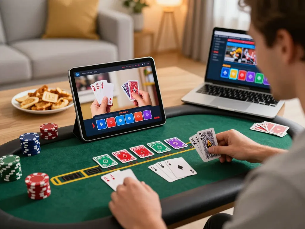 Player engaging in blackjack on lode88vi tablet, showcasing strategic gameplay in a cozy atmosphere