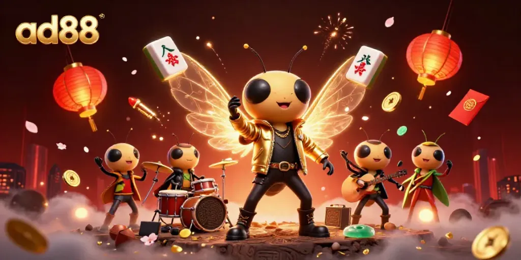 Experience the excitement of ad88 with vibrant 3D visuals of a rock star cicada and gaming elements.