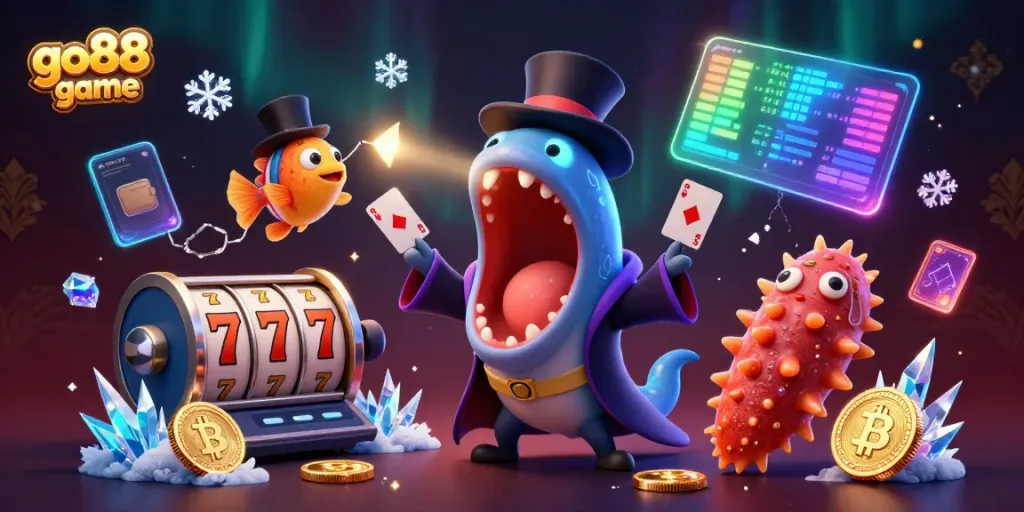 Experience the excitement of go88 game with a vibrant scene featuring animated sea creatures making a magical casino performance.